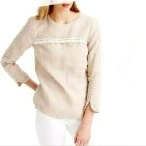 J Crew Top Beige Linen Embroidered Fringe Crochet Trim Notched Sides Relaxed Fit